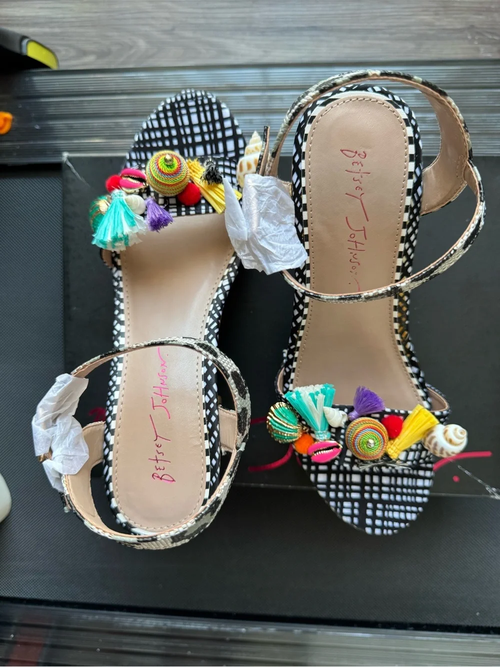 Betsey Johnson Jillie Black & White Platform Sandals With Multicolor Tassels